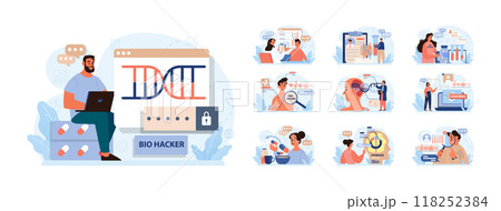 Biohacking set. Health' engineering and improving with modern monitoring system, supplements, diet, and lifestyle changes. Human biological well-being and youth maintaining. Flat vector illustration 118252384