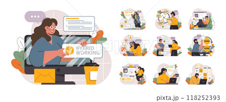 Hybrid work set. Characters with a flexible schedule, working from office and home. Telework and outsource, employee work globaly. Digital nomad or freelancer idea. Flat vector illustration 118252393