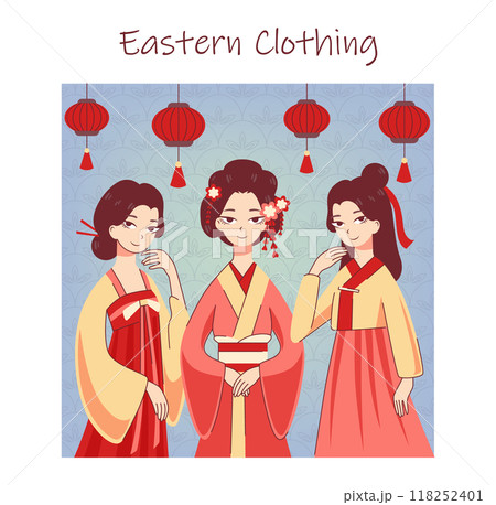 Oriental culture. East asian traditional clothes. Chinese or japanese female characters in dresses. Ethnic clothing. Flat vector illustration Oriental culture. East asian traditional clothes. Chinese or japanese female characters in dresses. Ethnic clothing. Flat vector illustration 118252401