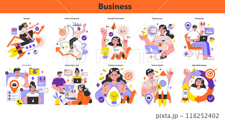 Business development set. Modern entrepreneurship model. Startup, unicorn company, disruptive Innovation. Company innovations. Business incubators and venture capital. Flat vector illustration 118252402