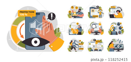 Cyber or web security set. Artificial intelligence provide data protection and database safety of a digital device. Protection of the internet access, cyber attack prevention. Flat vector illustration Cyber or web security set. Artificial intelligence provide data protection and database safety of a digital device. Protection of the internet access, cyber attack prevention. Flat vector illustration 118252415