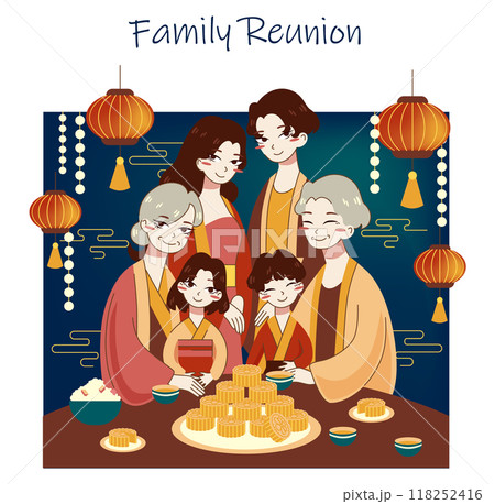 Traditional chinese fest set. Mid-Autumn festival, moon festival or mooncake festival. Happy asian family celebrate national autumn holiday. Flat vector illustration Traditional chinese fest set. Mid-Autumn festival, moon festival or mooncake festival. Happy asian family celebrate national autumn holiday. Flat vector illustration 118252416
