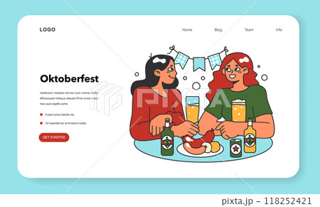 Oktoberfest festival web banner or landing page. Cheerful Bavarian people or tourists. Character holding a beer with foam. Traditional annual beer carnival in Germany. Flat vector illustration 118252421
