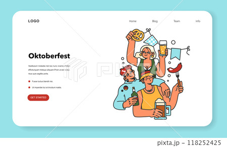 Oktoberfest festival web banner or landing page. Cheerful Bavarian people or tourists. Characters holding a beer, sausage and pretzel. Traditional annual beer carnival. Flat vector illustration Oktoberfest festival web banner or landing page. Cheerful Bavarian people or tourists. Characters holding a beer, sausage and pretzel. Traditional annual beer carnival. Flat vector illustration 118252425