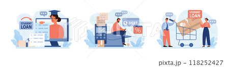Student debt set. Young graduated character with a financial crisis. Expencive education loan. Payment problem after a graduation. Flat vector illustration 118252427