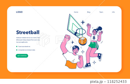 Streetball game web banner or landing page. Team players play basketball outside. Teen or young adult characters in a sportswear play with a ball. Flat vector illustration. Streetball game web banner or landing page. Team players play basketball outside. Teen or young adult characters in a sportswear play with a ball. Flat vector illustration. 118252433