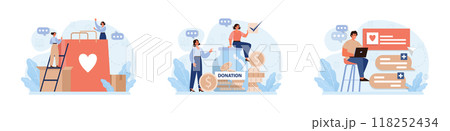 Charity set. Volunteers community take care of people in need. Idea of care and humanity. Humanitarian aid and donations for poor people support. Flat vector illustration Charity set. Volunteers community take care of people in need. Idea of care and humanity. Humanitarian aid and donations for poor people support. Flat vector illustration 118252434