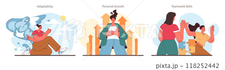 Skills development set. Professional competences hard and soft skills growth. Female character working towards success. Personal development. Flat vector illustration Skills development set. Professional competences hard and soft skills growth. Female character working towards success. Personal development. Flat vector illustration 118252442
