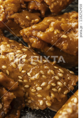View of a plate of shebaquia, typical sweet of the month of Ramadan in Morocco View of a plate of shebaquia, typical sweet of the month of Ramadan in Morocco 118252450