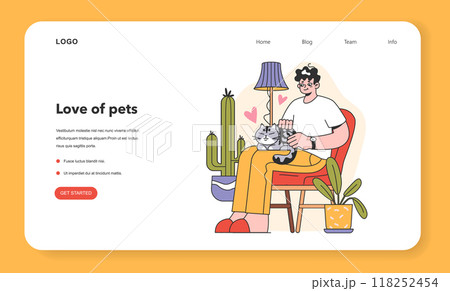 Character with a cat web banner or landing page. Happy man and kitten spend time together. Friendship between animal and pet owner. Cute scene. Flat vector illustration 118252454