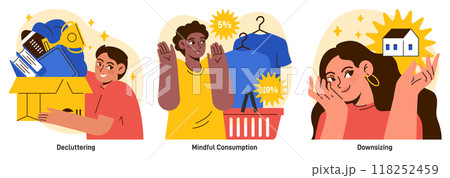 Minimalist lifestyle set. Simple and restrained living practices. Modern trendy idea of decluttering a living space and routine. Sustainable and mindful consumption. Flat vector illustration Minimalist lifestyle set. Simple and restrained living practices. Modern trendy idea of decluttering a living space and routine. Sustainable and mindful consumption. Flat vector illustration 118252459