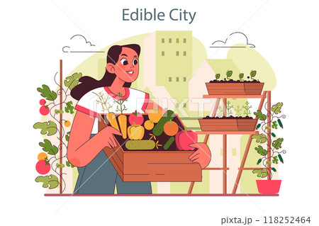 Urban farming or gardening. City horticulture practice. Woman planting and growing vegetables and herbs on the roof or balcony. Organic food cultivation. Flat vector illustration Urban farming or gardening. City horticulture practice. Woman planting and growing vegetables and herbs on the roof or balcony. Organic food cultivation. Flat vector illustration 118252464