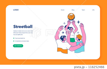 Streetball game web banner or landing page. Team players play basketball outside. Teen or young adult characters in a sportswear play with a ball. Flat vector illustration. 118252466