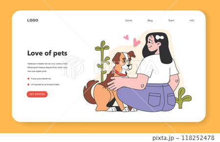 Character with a dog web banner or landing page. Happy woman and puppy spend time together. Friendship between animal and pet owner. Cute scene. Flat vector illustration Character with a dog web banner or landing page. Happy woman and puppy spend time together. Friendship between animal and pet owner. Cute scene. Flat vector illustration 118252478