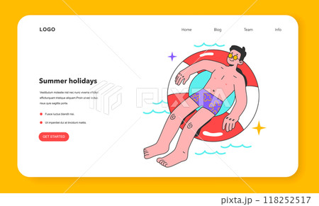 Summer time activity web banner or landing page. Man swimming on a floating circle. Male character swimming in the sea. Summer holidays on the beach, having fun by the water. Flat vector illustration Summer time activity web banner or landing page. Man swimming on a floating circle. Male character swimming in the sea. Summer holidays on the beach, having fun by the water. Flat vector illustration 118252517