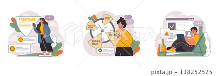 Hybrid work set. Characters with a flexible schedule, working from office and home. Telework and outsource, employee work globaly. Digital nomad or freelancer idea. Flat vector illustration 118252525