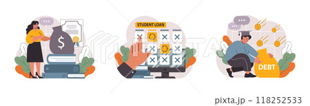 Student debt set. Young graduated character with a financial crisis. Expencive education loan. Payment problem after a graduation. Flat vector illustration Student debt set. Young graduated character with a financial crisis. Expencive education loan. Payment problem after a graduation. Flat vector illustration 118252533