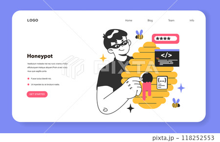 Honeypot web banner or landing page. Computer security mechanism set to detect and counteract attempts at unauthorized use. Baiting used to block a hacker. Flat vector illustration Honeypot web banner or landing page. Computer security mechanism set to detect and counteract attempts at unauthorized use. Baiting used to block a hacker. Flat vector illustration 118252553