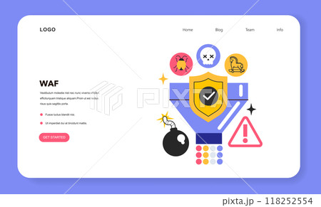 WAF Web Application Firewall web banner or landing page. Incoming and outgoing network HTTP traffic monitoring and filtering. Internet connection security system. Flat vector illustration WAF Web Application Firewall web banner or landing page. Incoming and outgoing network HTTP traffic monitoring and filtering. Internet connection security system. Flat vector illustration 118252554