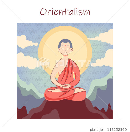 Buddhist monk meditating. Asian religious figure in orange theravada. Meditation practice. Oriental culture. Flat vector illustration Buddhist monk meditating. Asian religious figure in orange theravada. Meditation practice. Oriental culture. Flat vector illustration 118252560