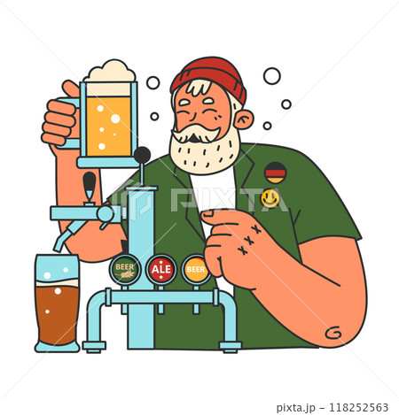 Oktoberfest festival. Cheerful Bavarian people or tourists. Character holding a full glass of beer with foam. Traditional annual beer carnival in Germany. Flat vector illustration Oktoberfest festival. Cheerful Bavarian people or tourists. Character holding a full glass of beer with foam. Traditional annual beer carnival in Germany. Flat vector illustration 118252563