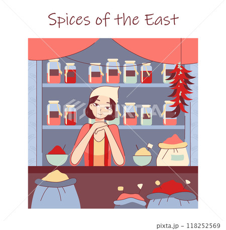 Asian street market with pottery and spices stores. Oriental herbal market. Fresh and fragrant seasonings store counter. Flat vector illustration 118252569