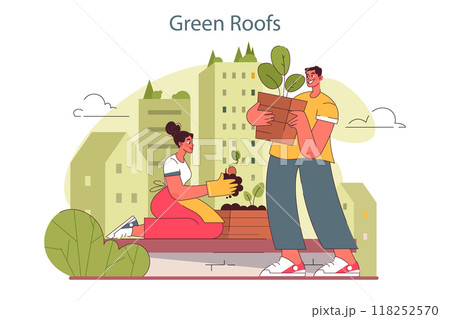 Urban farming or gardening. City horticulture practice. Characters planting and watering the sprout, growing food on the roof or balcony. Green recreational areas. Flat vector illustration 118252570
