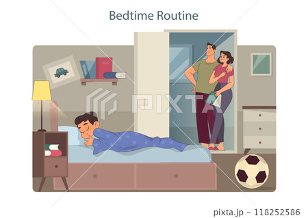 Family time. Mother and father put their son to sleep. Bed time routine and story telling. Little boy sleeping in his bedroom. Parent care and love. Flat vector illustration Family time. Mother and father put their son to sleep. Bed time routine and story telling. Little boy sleeping in his bedroom. Parent care and love. Flat vector illustration 118252586