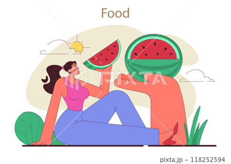 Woman holding watermelon slice. Young pretty female character spend time outdoor on a picnic. Summer watermelon season. Flat vector illustration Woman holding watermelon slice. Young pretty female character spend time outdoor on a picnic. Summer watermelon season. Flat vector illustration 118252594
