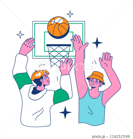 Streetball game. Team players play basketball outside. Teen or young adult characters in a sportswear play with a ball. Flat vector illustration. Streetball game. Team players play basketball outside. Teen or young adult characters in a sportswear play with a ball. Flat vector illustration. 118252599