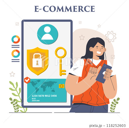 E-store and e-commerce. Entrepreneur selling goods and gaining profit on digital platform. Online transaction for purchase payment. Dropshipping business model. Flat vector illustration E-store and e-commerce. Entrepreneur selling goods and gaining profit on digital platform. Online transaction for purchase payment. Dropshipping business model. Flat vector illustration 118252603