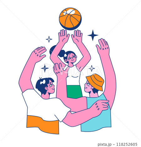 Streetball game. Team players play basketball outside. Teen or young adult characters in a sportswear play with a ball. Flat vector illustration. 118252605