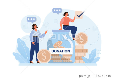 Charity. Volunteers community take care of people in need. Idea of care and humanity. Humanitarian aid and donations for poor people support. Flat vector illustration 118252640