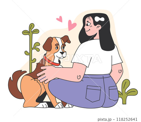 Character with a dog. Happy woman and puppy spend time together. Friendship between animal and pet owner. Cute scene. Flat vector illustration Character with a dog. Happy woman and puppy spend time together. Friendship between animal and pet owner. Cute scene. Flat vector illustration 118252641