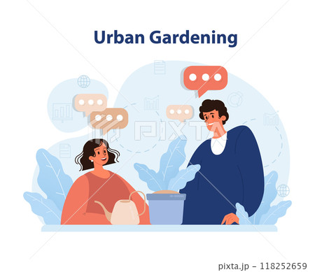 Modern wellbeing practice. Urban gardening. City agriculture. Characters planting and watering the sprout on the roof or balcony. Natural organic food growing. Flat vector illustration 118252659