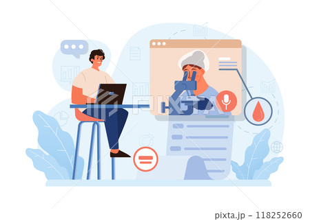 Telemedicine. Online consultation with a doctor. Remote medical treatment by videocalling on a device. Medical worker video chat. Flat vector illustration Telemedicine. Online consultation with a doctor. Remote medical treatment by videocalling on a device. Medical worker video chat. Flat vector illustration 118252660