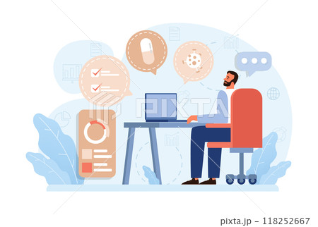Telemedicine. Online consultation with a doctor. Remote medical treatment by videocalling on a device. Medical worker video chat. Flat vector illustration 118252667