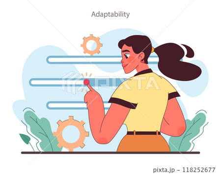 Soft skill. Employee adaptability and flexibility. Female character quickly respond to changes, adjusting performance. Self-development for career growth. Flat vector illustration 118252677