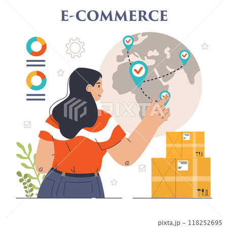 E-store and e-commerce. Entrepreneur selling goods and gaining profit on digital platform. Brand development and worldwide shipping. Dropshipping business model. Flat vector illustration E-store and e-commerce. Entrepreneur selling goods and gaining profit on digital platform. Brand development and worldwide shipping. Dropshipping business model. Flat vector illustration 118252695