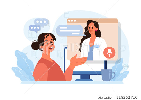 Telemedicine. Online consultation with a doctor. Remote medical treatment by videocalling on a device. Medical worker video chat. Flat vector illustration Telemedicine. Online consultation with a doctor. Remote medical treatment by videocalling on a device. Medical worker video chat. Flat vector illustration 118252710