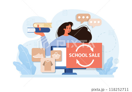 School preparation. School kids with parents prepare for studying. Characters buying new clothes, textbooks and stationery. Elementary education, back to school idea. Flat vector illustration School preparation. School kids with parents prepare for studying. Characters buying new clothes, textbooks and stationery. Elementary education, back to school idea. Flat vector illustration 118252711