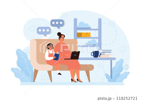 Hygge. Happy woman and girl relaxing at home, weekend leisure time. Slow lifestyle approach. Idea of coziness and comfort. Body and mind balance. Flat vector illustration Hygge. Happy woman and girl relaxing at home, weekend leisure time. Slow lifestyle approach. Idea of coziness and comfort. Body and mind balance. Flat vector illustration 118252721