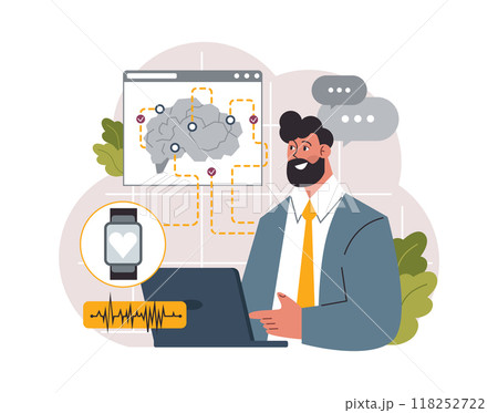 Healthtech. Innovative diagnosis and treatment methodics. Telemedicine, health monitoring, laboratory research. Modern technologies for disease prevention and treatment. Flat vector illustration Healthtech. Innovative diagnosis and treatment methodics. Telemedicine, health monitoring, laboratory research. Modern technologies for disease prevention and treatment. Flat vector illustration 118252722