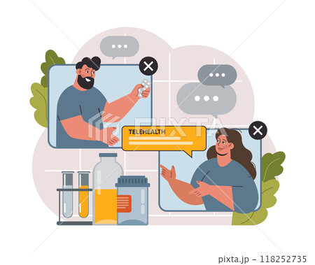 Telemedicine. Online consultation with a doctor. Remote medical treatment by videocalling on a device. Medical worker video chat. Flat vector illustration 118252735