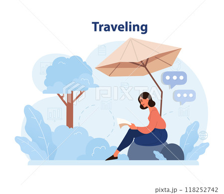 Digital nomad. Freelancer working remotely on the laptop globaly from vacation. Flexible schedule, outsource technology and work tourism. Flat vector illustration 118252742