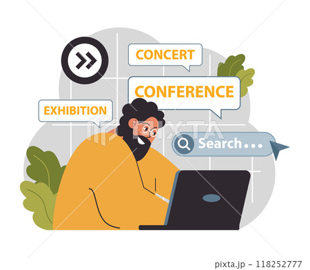 Virtual event. Online exhibition, concert or conference. Remote education and entertainment. Digital museum tour, livestream performance. Flat vector illustration 118252777