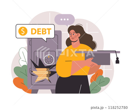 Student debt. Young graduated character with a financial crisis. Expencive education loan. Payment problem after a graduation. Flat vector illustration Student debt. Young graduated character with a financial crisis. Expencive education loan. Payment problem after a graduation. Flat vector illustration 118252780