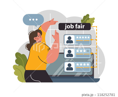 Online job fair. Hiring or job search online platform. Recruitment agency. Woman select a resume of a potential emloyee or employer. Flat vector illustration Online job fair. Hiring or job search online platform. Recruitment agency. Woman select a resume of a potential emloyee or employer. Flat vector illustration 118252781
