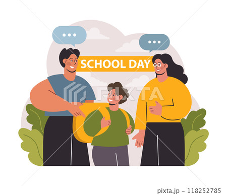 School preparation. School kids with parents prepare for studying. Characters buying new clothes, textbooks and stationery. Elementary education, back to school idea. Flat vector illustration School preparation. School kids with parents prepare for studying. Characters buying new clothes, textbooks and stationery. Elementary education, back to school idea. Flat vector illustration 118252785