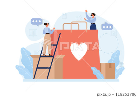 Charity. Volunteers community take care of people in need. Idea of care and humanity. Humanitarian aid and donations for poor people support. Flat vector illustration 118252786